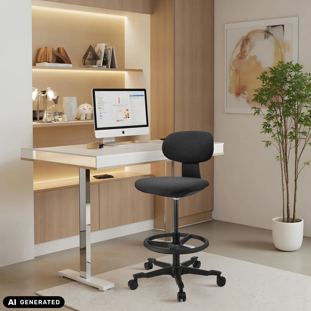 Musta WORK MF2 -työtuoli, jossa on jalkarengas ja pyörät, valkoisen työpöydän edessä, valmistaja hjh OFFICE (tekoälyllä luotu kuva)