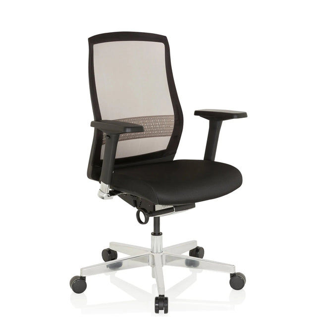 High End -toimistotuoli FOUNTAINE mustana verkkoselkänojalla ja kiillotetulla jalustalla, valmistaja hjh OFFICE