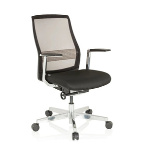 High End -toimistotuoli FOUNTAINE PRO mustalla verhoilulla, verkkoselkänojalla ja alumiinijaloilla, valmistaja hjh OFFICE