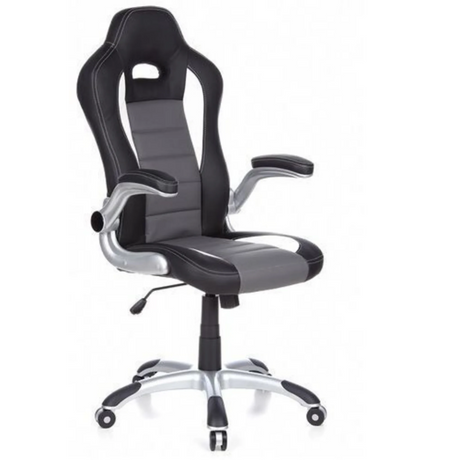 Pelituoli GAME SPORT väreissä musta, harmaa ja valkoinen, kuppipenkillä ja hopeisella jalustalla, valmistaja hjh OFFICE