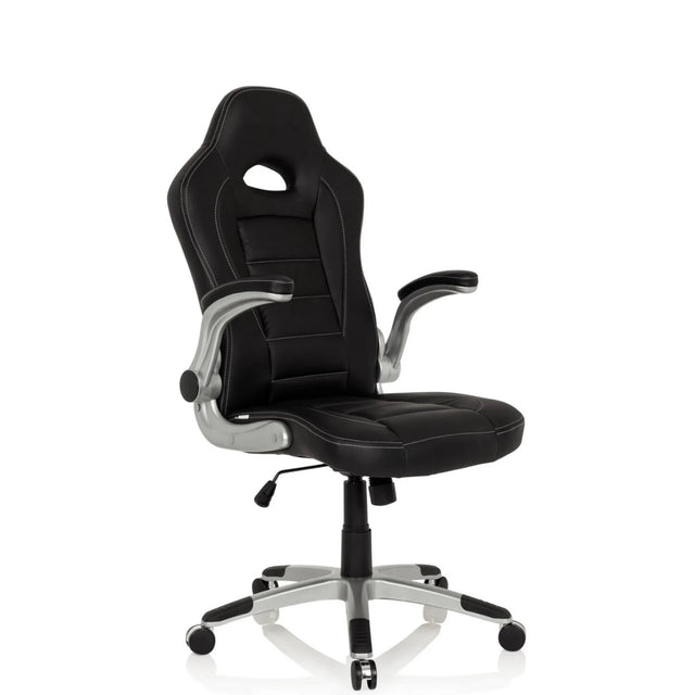 Musta Pelituoli GAME SPORT hopeisilla käsinojilla ja pyörillä varustetulla jalustalla, valmistaja hjh OFFICE