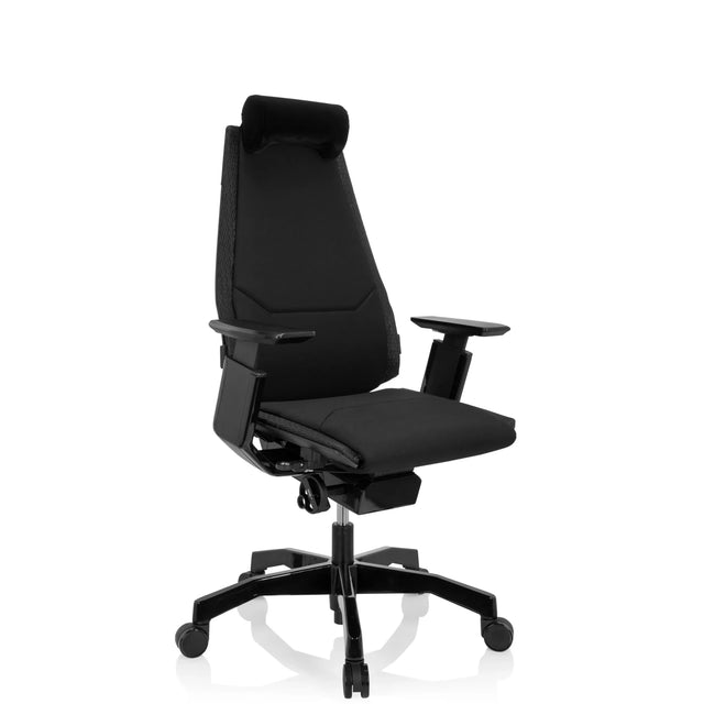 Musta High End -toimistotuoli GENIDIA BLACK kangasverhoilulla, niskatuella ja käsinojilla, valmistaja hjh OFFICE