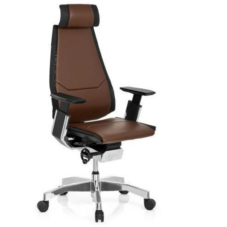 High End -toimistotuoli GENIDIA PRO ruskealla nahkaverhoilulla, mustilla yksityiskohdilla ja kromijalalla, valmistaja hjh OFFICE