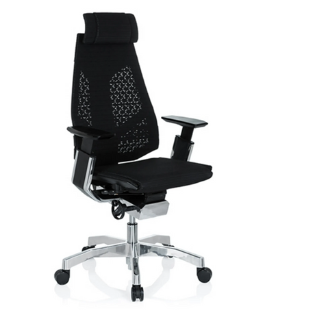 High End -toimistotuoli GENIDIA PRO mustalla verkkoverhoilulla, niskatuella ja kiillotetulla jalustalla, valmistaja hjh OFFICE