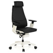High End -toimistotuoli GENIDIA PRO WHITE, jossa on musta nahkaverhoilu ja valkoinen runko, valmistaja hjh OFFICE