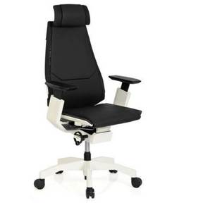 High End -toimistotuoli GENIDIA PRO WHITE, jossa on musta nahkaverhoilu ja valkoinen runko, valmistaja hjh OFFICE