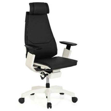 High End -toimistotuoli GENIDIA PRO WHITE, jossa on musta nahkaverhoilu ja valkoinen runko, valmistaja hjh OFFICE