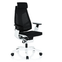 High End -toimistotuoli GENIDIA PRO WHITE, jossa on musta verkkoverhoilu ja valkoinen runko, valmistaja hjh OFFICE