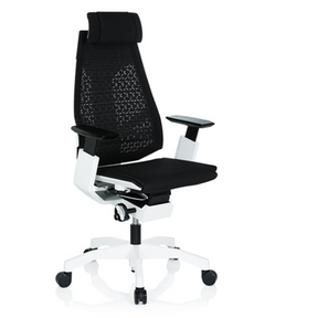 High End -toimistotuoli GENIDIA PRO WHITE, jossa on musta verkkoverhoilu ja valkoinen runko, valmistaja hjh OFFICE