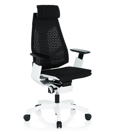 High End -toimistotuoli GENIDIA PRO WHITE, jossa on musta verkkoverhoilu ja valkoinen runko, valmistaja hjh OFFICE