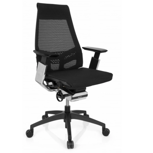 Ammattitason toimistotuoli GENIDIA SMART BLACK CM mustalla verkkokankaalla ja kromiyksityiskohdilla, valmistaja hjh OFFICE