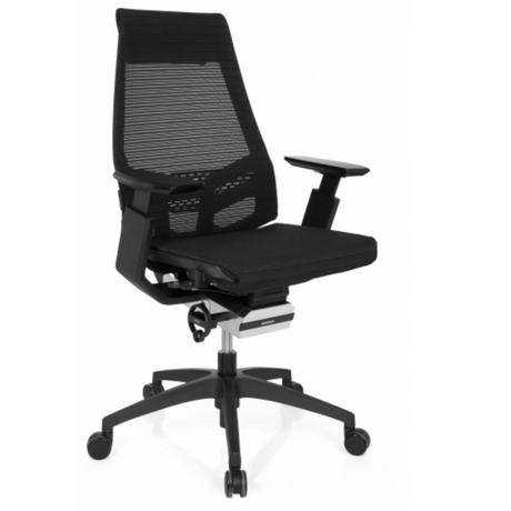 Ammattitason toimistotuoli GENIDIA SMART BLACK mustalla verkkoverhoilulla ja käsinojilla, valmistaja hjh OFFICE