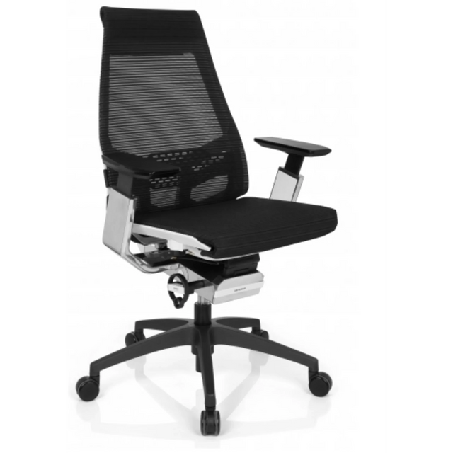 Ammattitason toimistotuoli GENIDIA SMART WHITE CM mustalla verkkoverhoilulla ja kromiyksityiskohdilla, valmistaja hjh OFFICE