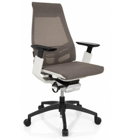 Ammattitason toimistotuoli GENIDIA SMART WHITE harmaalla verkkoverhoilulla, valkoisilla käsinojilla ja mustalla jalustalla, valmistaja hjh OFFICE