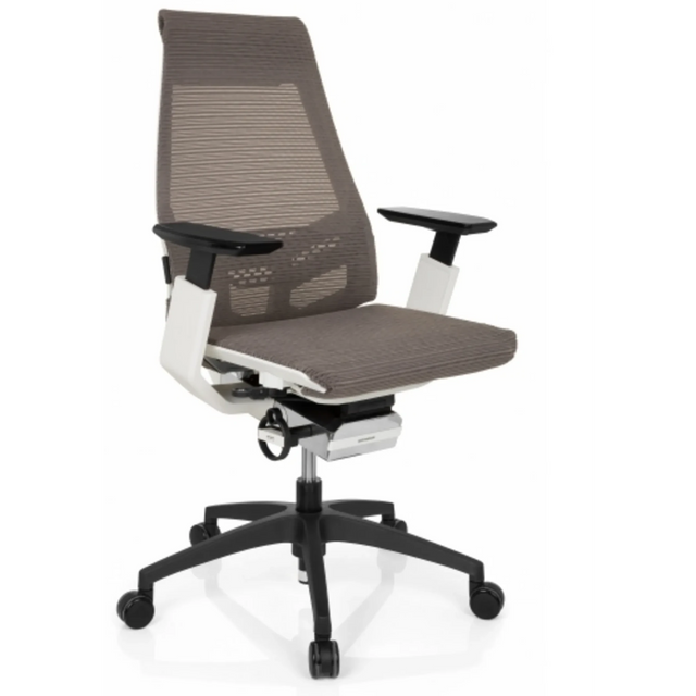 Ammattitason toimistotuoli GENIDIA SMART WHITE harmaalla verkkoverhoilulla, valkoisilla käsinojilla ja mustalla jalustalla, valmistaja hjh OFFICE