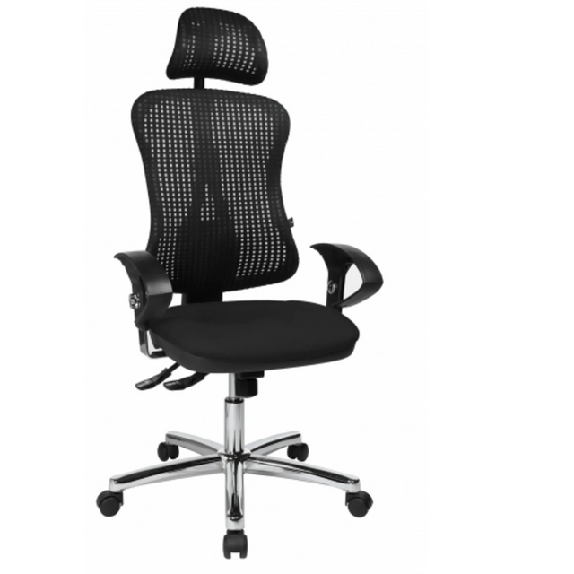 Ammattitason toimistotuoli HJH SOLUTION DELUXE HEAD AL.U2 mustana verkkoselkänojalla, niskatuella ja kiiltävällä jalustalla, valmistaja Topstar