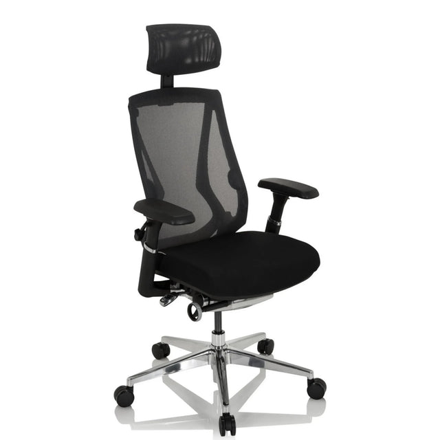 High End -toimistotuoli INSPERO värissä musta, verkkoselkänoja, niskatuki ja kromattu jalkaristi, valmistaja hjh OFFICE