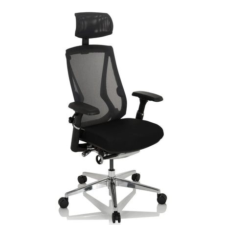 High End -toimistotuoli INSPERO värissä musta, verkkoselkänoja, niskatuki ja kromattu jalkaristi, valmistaja hjh OFFICE