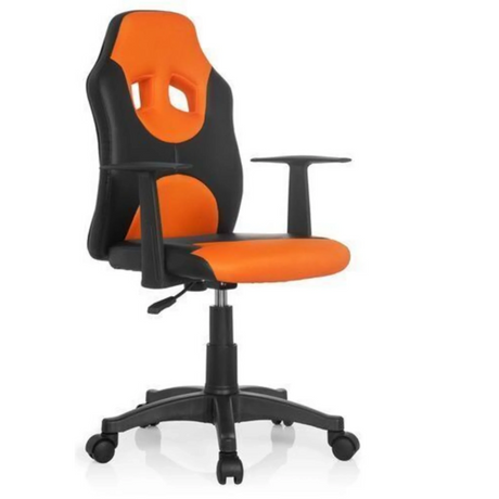 Lasten pyörivä tuoli KID GAME AL väreissä musta-oranssi, käsinojilla ja pyörillä, valmistaja hjh OFFICE