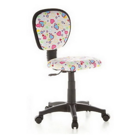 Lasten pyörivä tuoli KIDDY TOP, jossa on värikäs sydänkuvio, musta runko ja pyörät, valmistaja hjh OFFICE