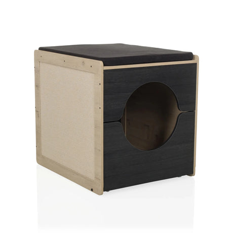 Kissanmaja KITTY PAWBOX 2 mustana ja tammena pyöreällä aukolla ja pehmusteella, valmistaja hjh LIVING