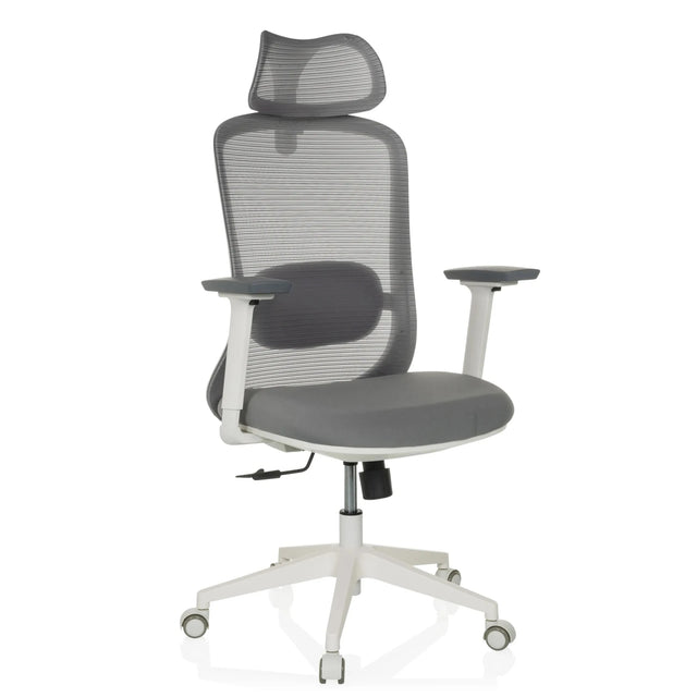 Ammattitason toimistotuoli MIKEO G harmaana verkkoselkänojalla ja valkoisella jalustalla, valmistaja hjh OFFICE