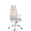Home Office -toimistotuoli MIKEO W beige kangasverhoilulla, niskatuella ja valkoisilla käsinojilla, valmistaja hjh OFFICE