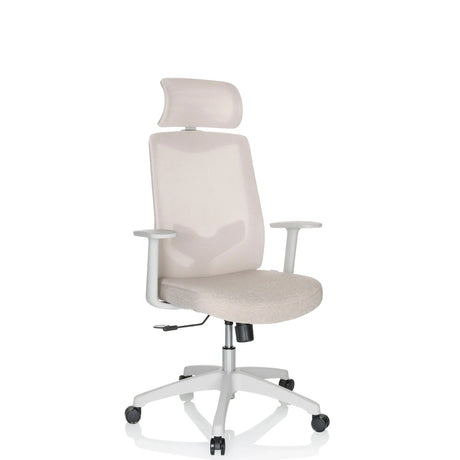 Home Office -toimistotuoli MIKEO W beige kangasverhoilulla, niskatuella ja valkoisilla käsinojilla, valmistaja hjh OFFICE