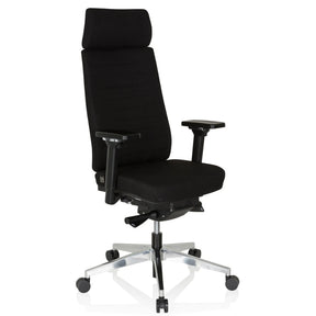 Ammattitason toimistotuoli MOVE-TEC PRO 3D, jossa on musta kangasverhoilu, niskatuki ja hopeinen jalkaristi, valmistaja hjh OFFICE