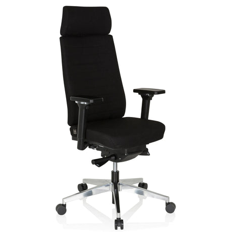 Ammattitason toimistotuoli MOVE-TEC PRO 3D, jossa on musta kangasverhoilu, niskatuki ja hopeinen jalkaristi, valmistaja hjh OFFICE