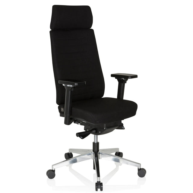 Ammattitason toimistotuoli MOVE-TEC PRO 3D, jossa on musta kangasverhoilu, niskatuki ja hopeinen jalkaristi, valmistaja hjh OFFICE
