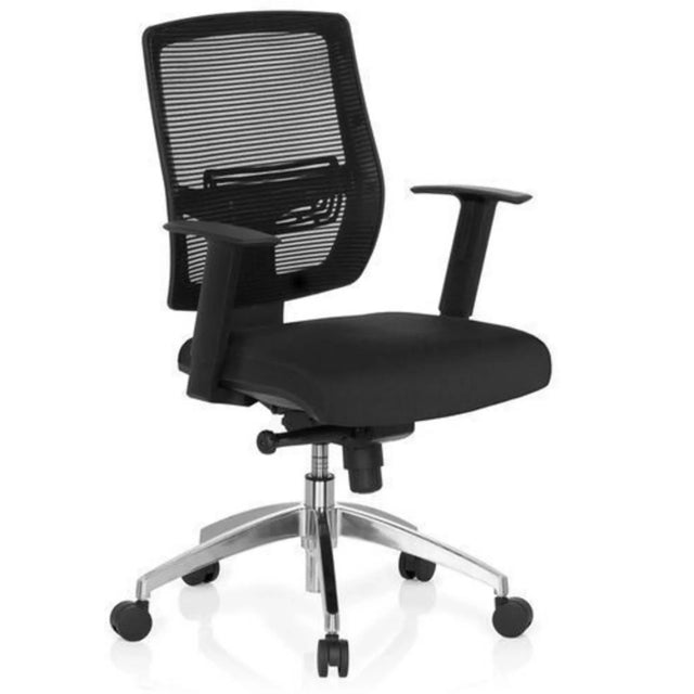 Ammattitason toimistotuoli NET 90 mustana verkkoselkänojalla ja hopeisella jalustalla, valmistaja hjh OFFICE
