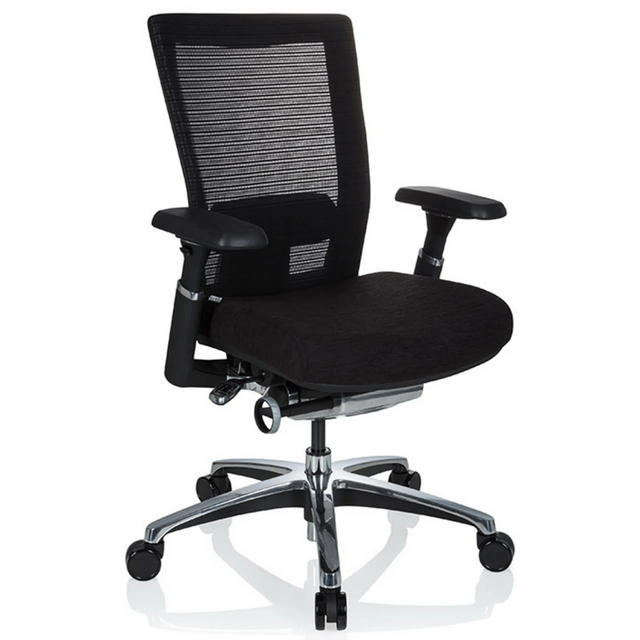 High End -toimistotuoli NOVA PRO ALU mustana verkkoselkänojalla ja kiiltävällä jalustalla, valmistaja hjh OFFICE