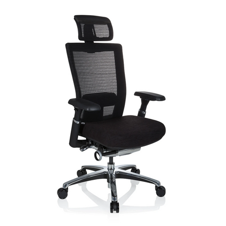 High End -toimistotuoli NOVA PRO I mustana verkkoselkänojalla, niskatuella ja kiiltävällä jalustalla, valmistaja hjh OFFICE