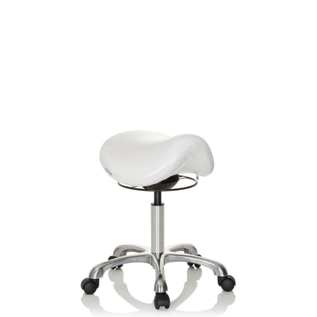 Valkoinen Satulatuolit ORTHO SIT kromisella ristijalalla ja viidellä pyörällä, valmistaja hjh OFFICE