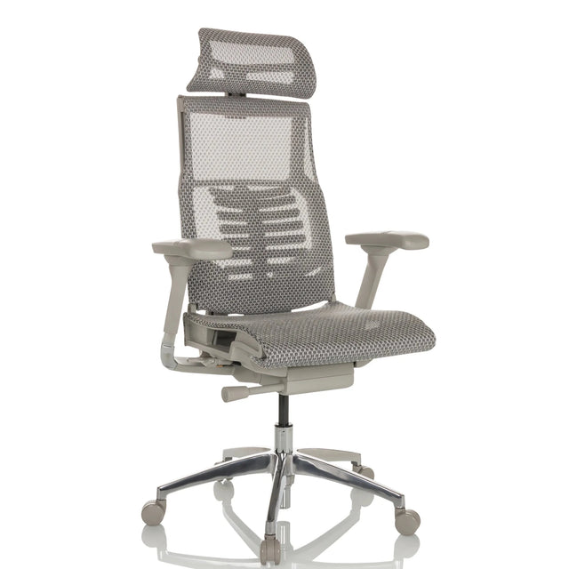 High End -toimistotuoli POFIT G GEN2, jossa on vaaleanharmaa verkkoverhoilu ja niskatuki, valmistaja hjh OFFICE