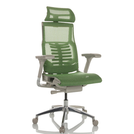 High End -toimistotuoli POFIT G GEN2 vihreällä verkkoverhoilulla, niskatuella ja hopeisella jalustalla, valmistaja hjh OFFICE