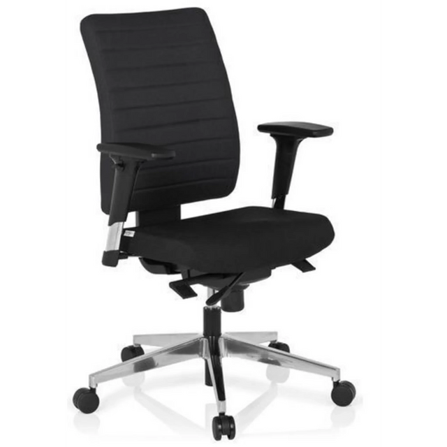 Ammattitason toimistotuoli PRO-TEC 350, jossa on musta verhoilu, käsinojat ja hopeinen jalkaristi, valmistaja hjh OFFICE