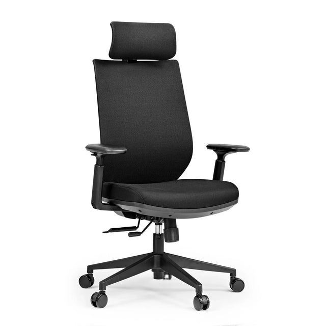 Musta Ammattitason toimistotuoli Profondo F kangasverhoilulla, niskatuella ja käsinojilla, valmistaja hjh OFFICE