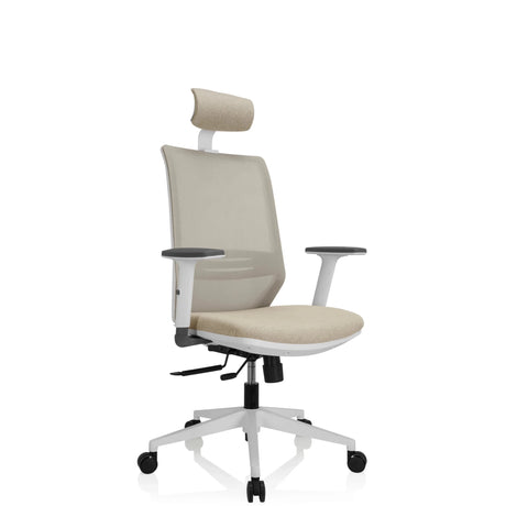 Ammattitason toimistotuoli PROFONDO PRO W beige, jossa on niskatuki ja valkoinen jalkaristi, valmistaja hjh OFFICE