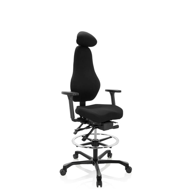 Musta korkea työtuoli RESISTIO WORK niskatuella, jalkarenkaalla ja rullajalalla, valmistaja hjh OFFICE