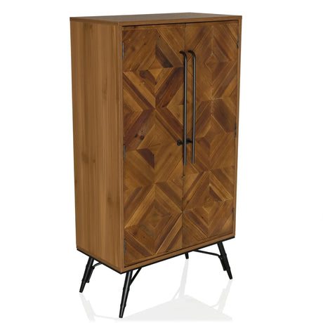 Lipasto SANTJAGO WOOD HIGH tummanruskeaa puuta, jossa on geometrinen kuvio ja mustat vetimet, valmistaja hjh LIVING