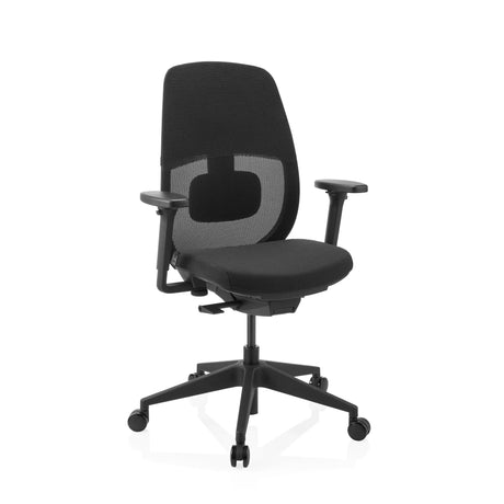 Musta Ammattitason toimistotuoli Skandis verkkoselkänojalla, käsinojilla ja pyörillä, valmistaja hjh OFFICE