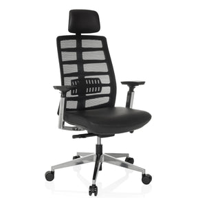 High End -toimistotuoli SPINIO ELITE L, jossa on musta verkkokangas ja nahkaistuin, valmistaja hjh OFFICE