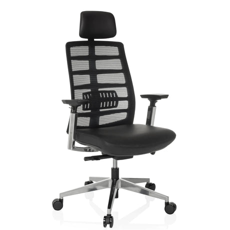 High End -toimistotuoli SPINIO ELITE L, jossa on musta verkkokangas ja nahkaistuin, valmistaja hjh OFFICE