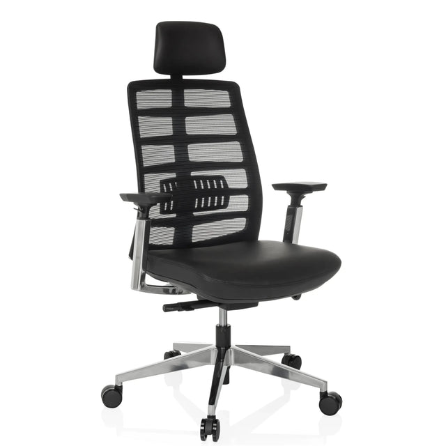 High End -toimistotuoli SPINIO ELITE L, jossa on musta verkkokangas ja nahkaistuin, valmistaja hjh OFFICE