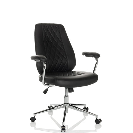 Musta Home Office -toimistotuoli THEO I, jossa on tikattu selkänoja ja kromirunko, valmistaja hjh OFFICE