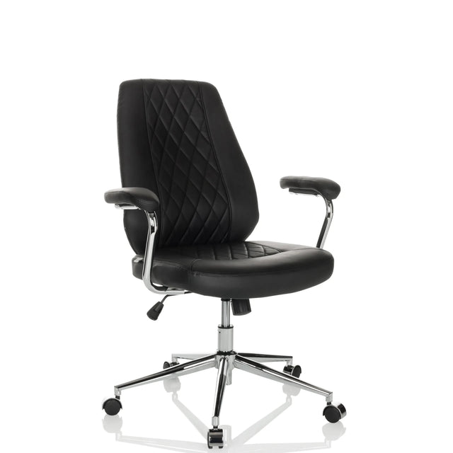 Musta Home Office -toimistotuoli THEO I, jossa on tikattu selkänoja ja kromirunko, valmistaja hjh OFFICE