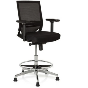 Musta korkea työtuoli TOP WORK 77 verkkoselkänojalla, jalkatuella ja kiiltävällä metallirungolla, valmistaja hjh OFFICE
