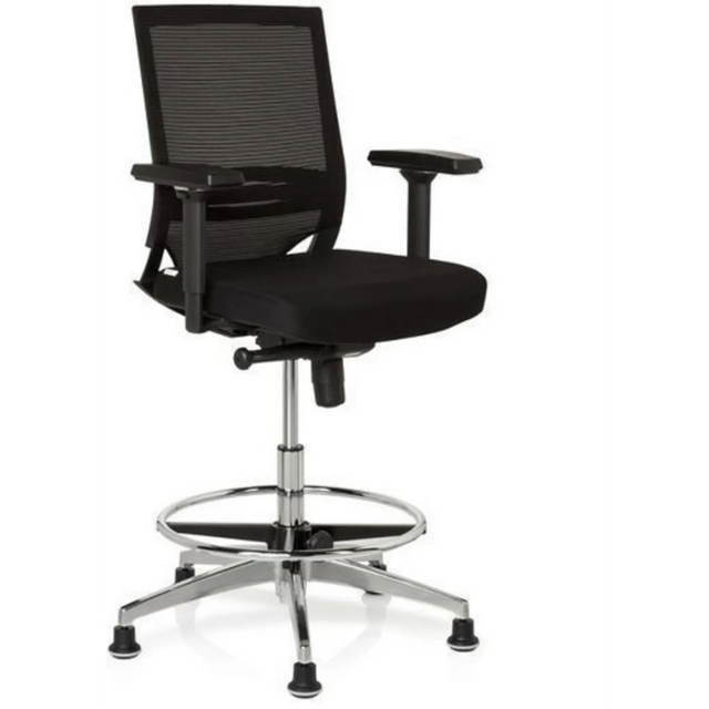 Musta korkea työtuoli TOP WORK 77 verkkoselkänojalla, jalkatuella ja kiiltävällä metallirungolla, valmistaja hjh OFFICE